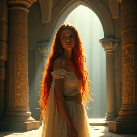 Occupation: Guardian of Secrets 
Appearance: A young girl, Tall and slender with long, flowing red hair cascading down her back. Her skin glows with a warm, golden hue as the sunlight streams through the temples arches.Clothing: Draped in delicate, translu...