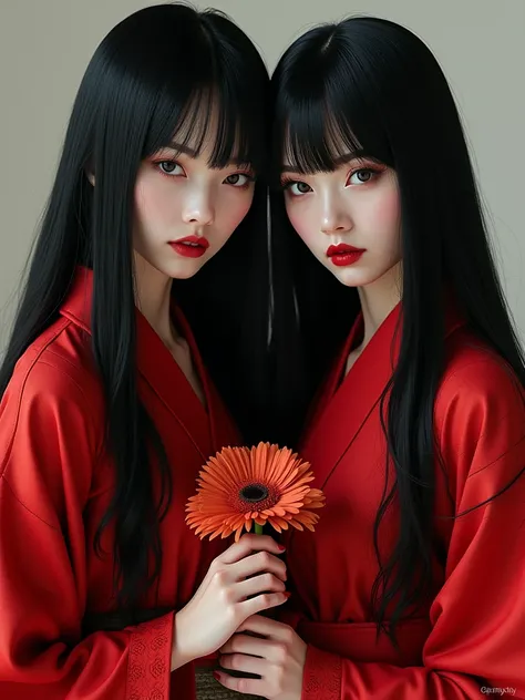 anome girls with black long hair,wear red kimono,holding a higana flower,have straight gaze,masculine,close up in 4ksize