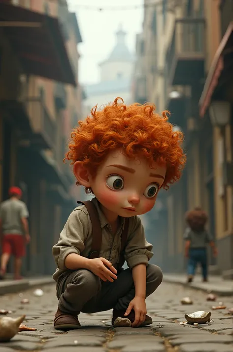 Generate a high quality 3D image: a Little red-haired Joãozinho, found something in sadness on the city 