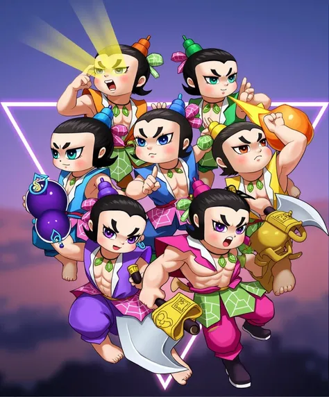 a group of cartoon 9 characters are posing for a picture, gta chinatowon art style, cute cyber gods, g liulian art style, official fanart, splash art brawlstars, negao, fanart, sengoku - era art style, inspired by Pu Hua, official artwork, official illustr...