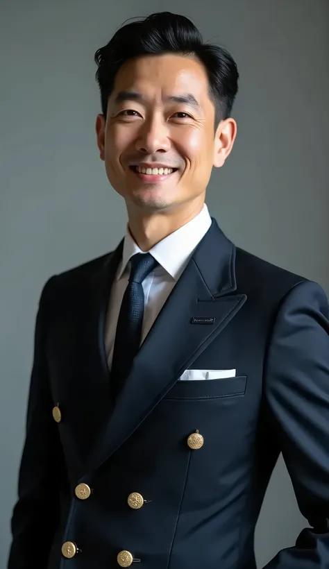 Best portrait shooting, waist shooting, EVA Air’s handsome captain uniform, beautiful makeup. handsome style, neat short hair, middle-aged Taiwanese man. Handsome face,