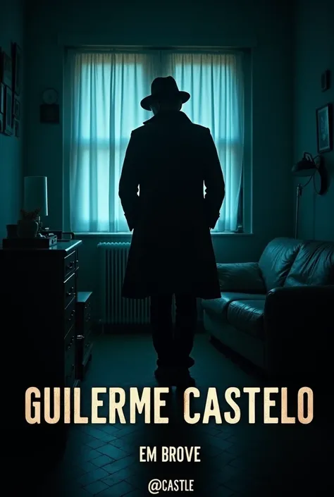 A movie cover called "Guilherme Castelo,  the movie". Where you can see a detective and elements of journalism. a paper note wrigth "ArtesaNature" in. nigth lights in window. a cockright in corner room. Put a text that says "Em breve" in bottom. "@castle" ...