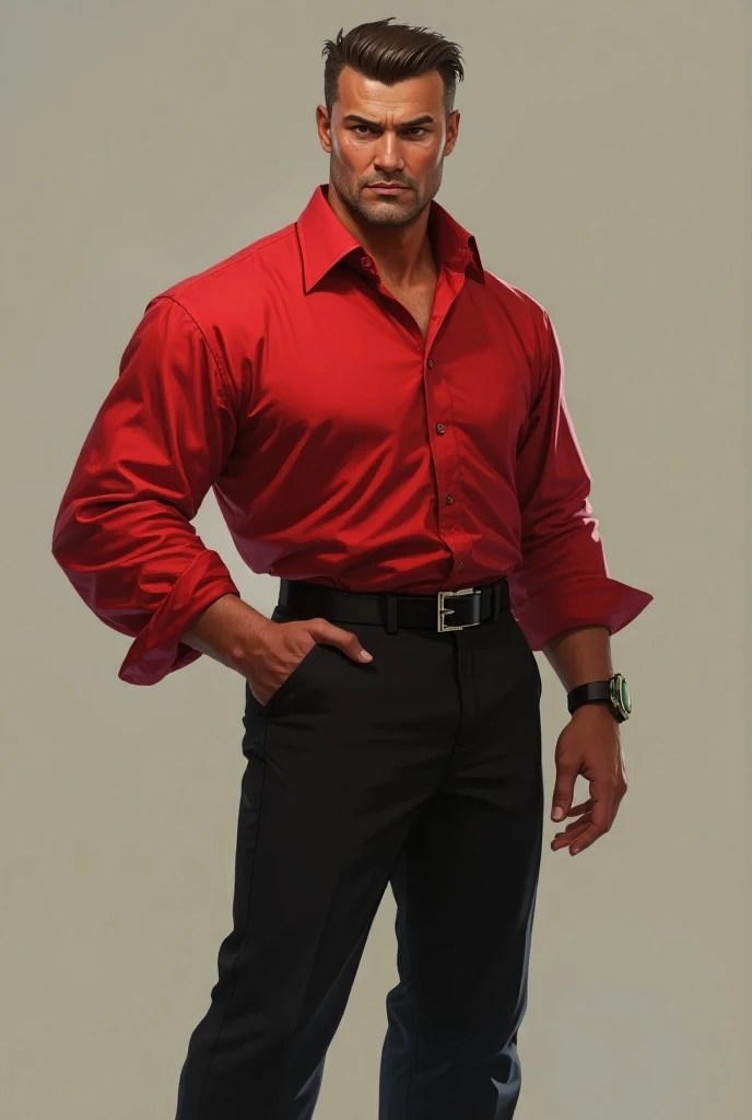 A men with wear red shirt with full sleeves and black pant with green shoes 