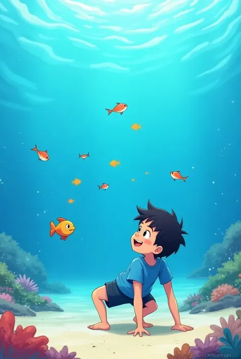 Illustration of a cheerful boy with short black hair and bright eyes, wearing a bright blue t-shirt and shorts and crabbing on the shore, watching the bright, colorful fish wander around. The view is lively, with clear blue water and coral below, where fis...