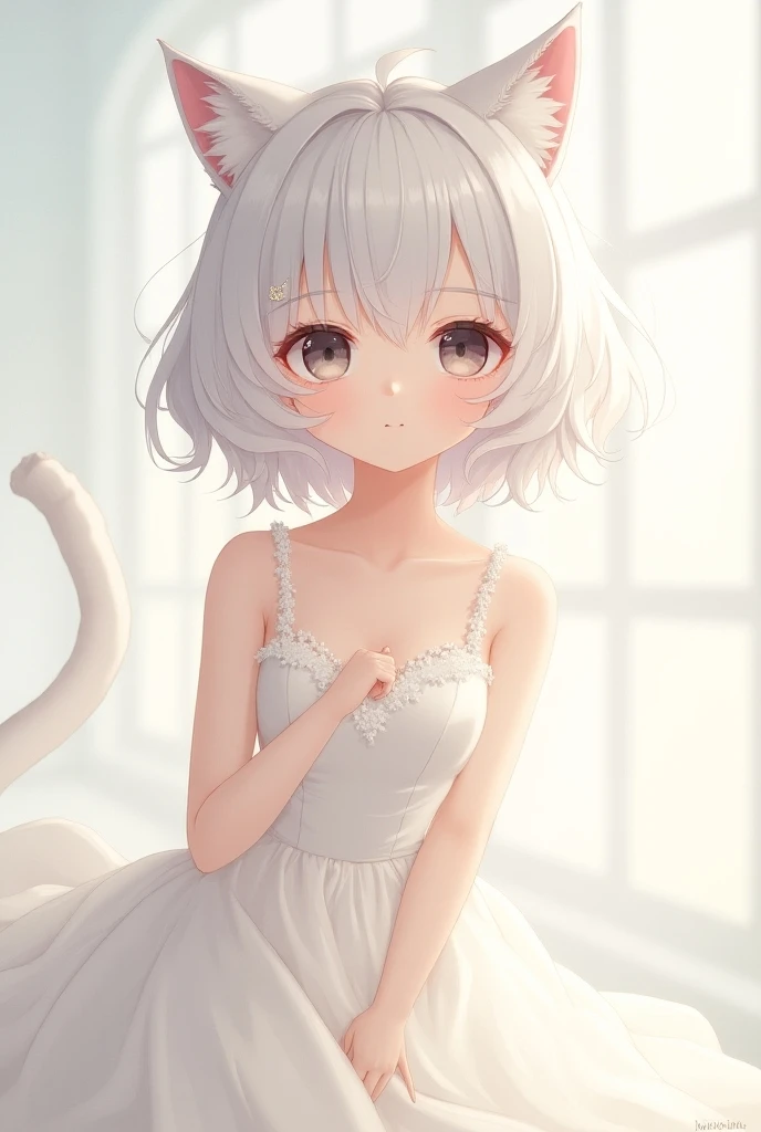 Anime cat-eared Girl in white dressورائها قطط smallة ，****  in the dress , without sleeves ， small curvy ****, artwork in the style of Guiz, Guiz on pixiv artstation, Guiz on artstation pixiv, Guiz, small **** Girl,  soft anime drawing , Anime visuals of c...