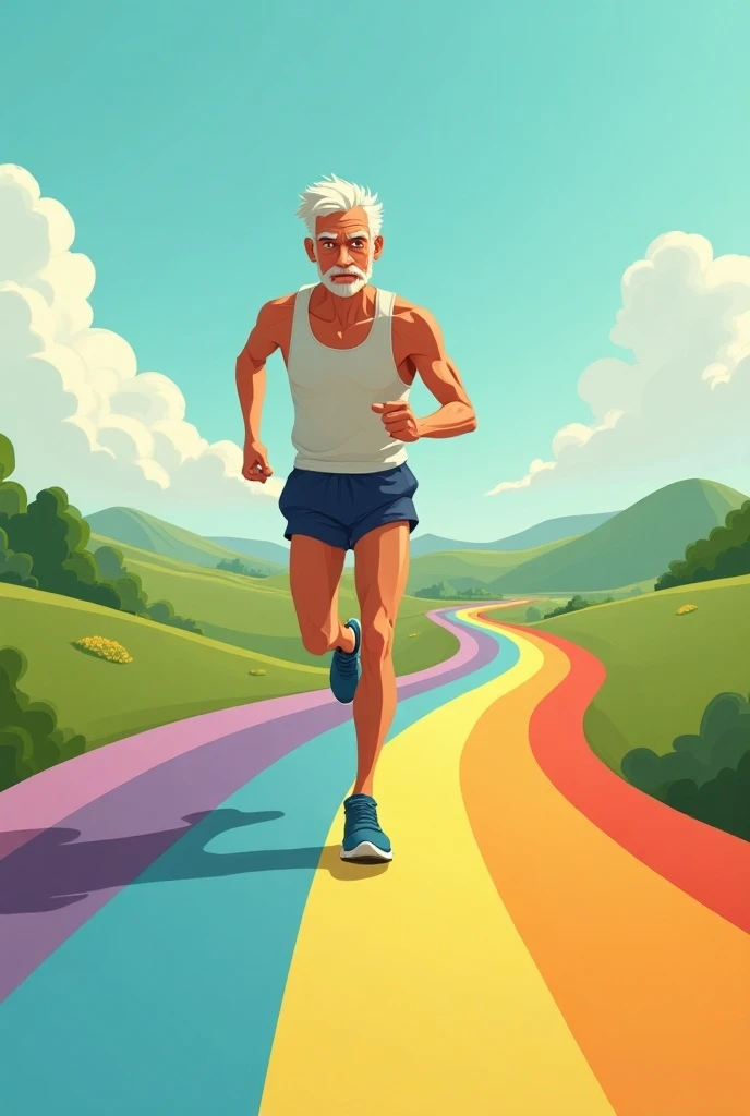 Image version dessin animée d’un coureur de 50 ans de marathon sur un arc en ciel 