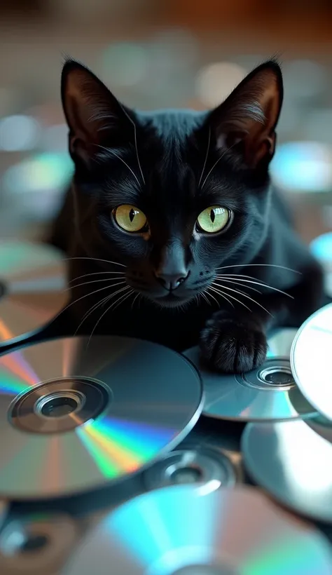 A stunningly photorealistic image of a sleek black cat partially buried in a pile of CDs, with only its head and a paw emerging from the glossy, reflective discs. The cat has piercing green eyes, slightly widened in a curious or playful expression, while i...