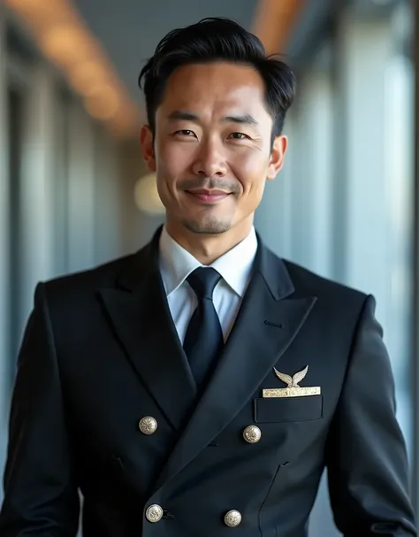 Best portrait shooting, waist shooting, EVA Air’s handsome captain uniform, beautiful makeup, handsome style, neat short hair, middle-aged Taiwanese man. Handsome face,