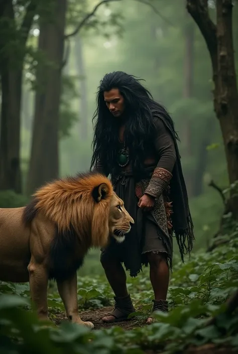  A Mapuche warrior with a mane up to his shoulders, without face paint , without tattoos, Facing a lion in a forest in southern Chile