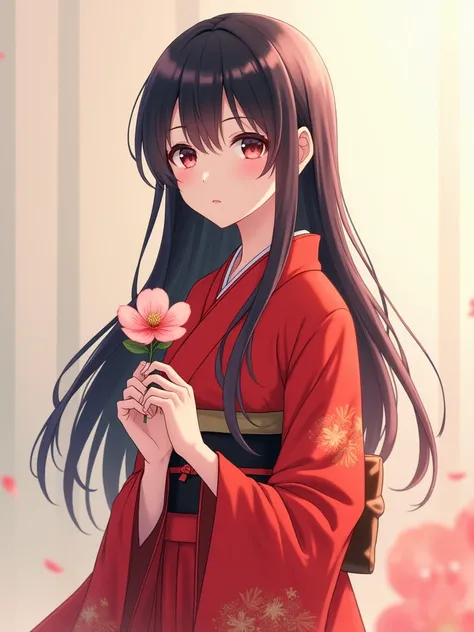 anime girl,red kimono,straight gaze and holding Higana FLOWER,4 x 4 size