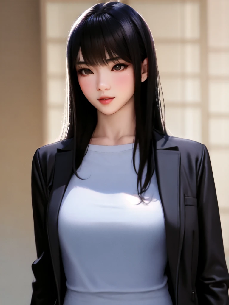 pretty asian teenage girl with long black hair a white bow, a half off black jacket and a black tank top posing semi realistic