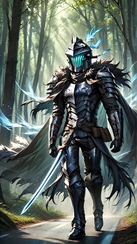 man,  Fairy Slayer , Holy Knight,Wears heavy armor( blue black green ),helmet,karate,,Fur collar , black fur cape (Floating ),  background light in the forest,On the road,Strong wind, Full Body View , man,  Very detailed,  high detail