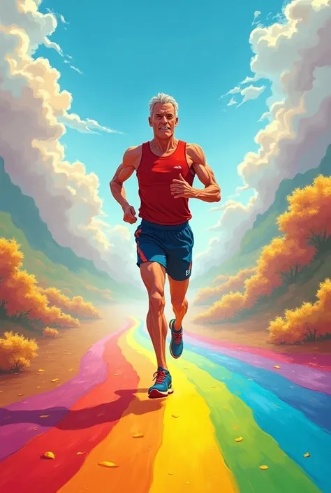 Image version dessin animée d’un coureur de 40 ans de marathon sur un arc en ciel 