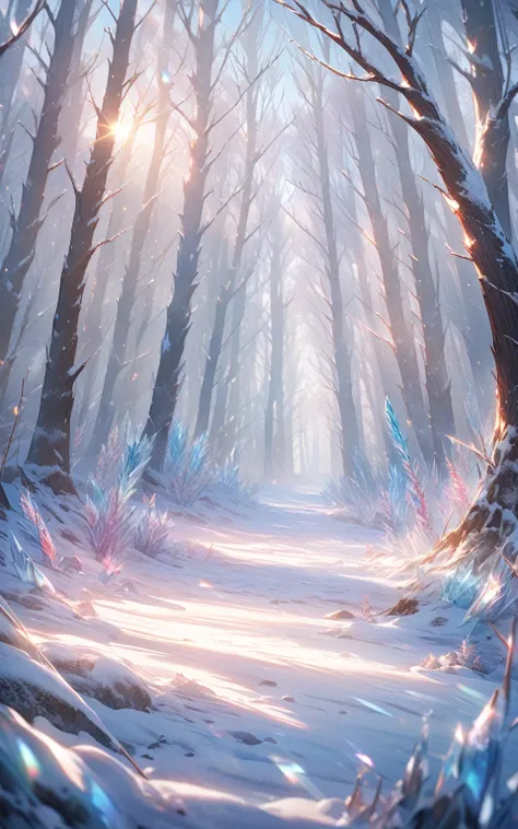 "Winter ice crystals"
 prompt : "Hyper-detailed nano-textured winter forest in 8K resolution, showcasing intricate frost patterns and vibrant ice crystal colors. The scene features sunlight refracting through ice-covered branches, casting a kaleidoscope of...