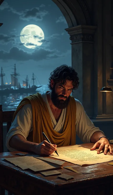 Themistocles in a dimly lit chamber, with a sly, knowing expression as he writes a message on a scroll. Show him surrounded by maps and strategic tools, hinting at his plan to deceive King Xerxes. The background includes a window with a view of the Athenia...