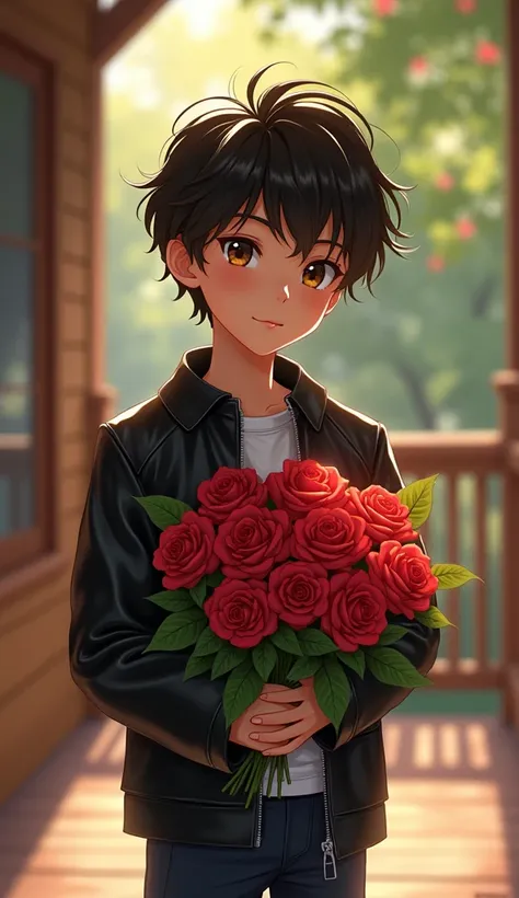 "A digital painting of a young handsome boy in a black leather jacket dress, standing on a porch with a bouquet of roses. The style should be reminiscent of anime or manga, with soft lighting and a focus on details like the handsome boy hair and the flower...