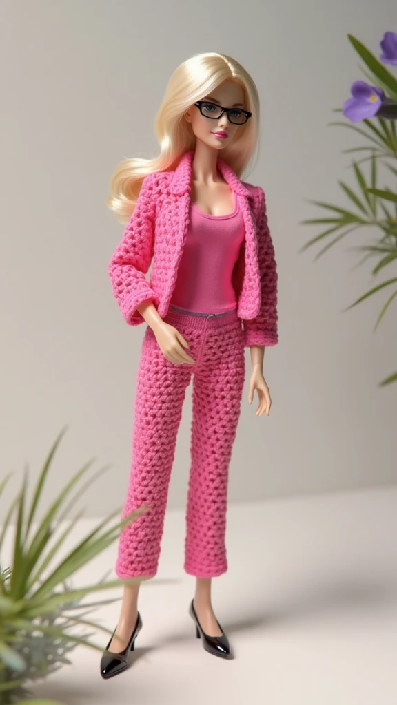  A beautiful blonde Barbie doll  ,com um pentedo ,  wearing vibrant pink crochet pants,  a vibrant nrisa crochet blazer ,  a black shoe and glasses .
She is in a .Campo verde