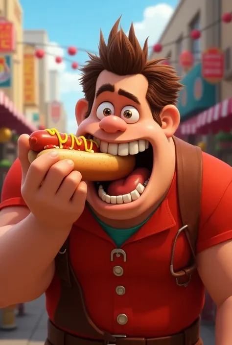 Wrecker Ralph eating a hog dog