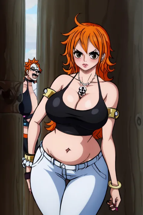 Nami,Stud earring,Alot of earpiercing,Make up,medium lenght Messy wavy hair,black white strip prison tank top,lowrise black white strip prison pants,Curvy figure,Orange hair,((Eyeshadow)),Long nail,Hoopa bracelet,Pearl necklace,multistrand necklace,Big bre...