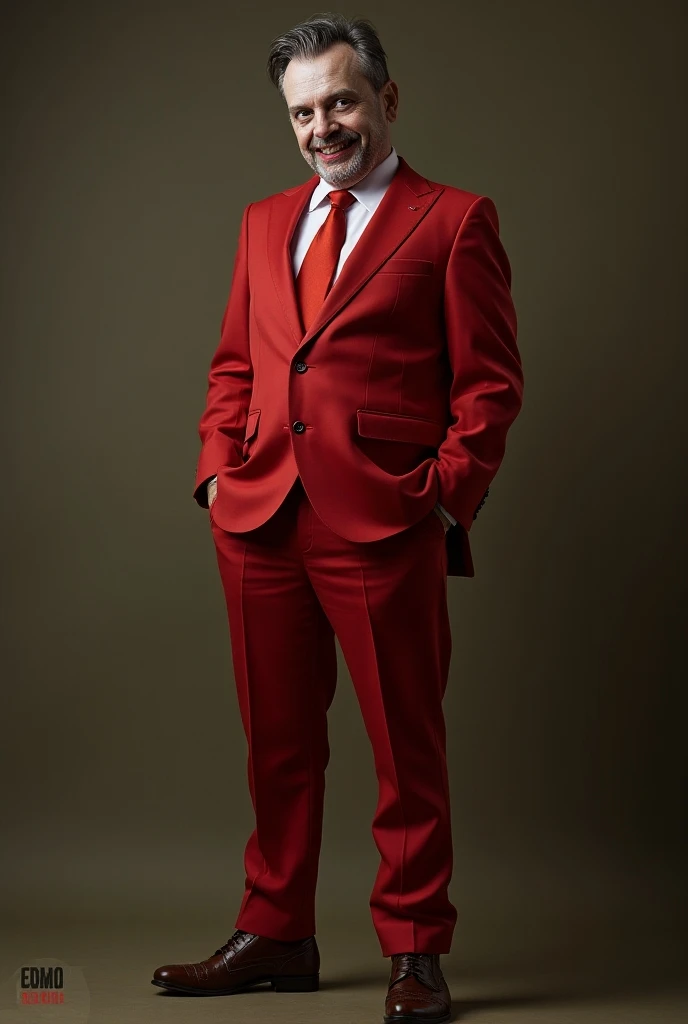 A guy wearing red suit, white shirt, red tie, red tights, brown shoe, has a creepy yet nice smile 