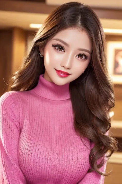 ((highest quality, Super high resolution、the most complex and detailed depiction))、(Very bright lighting:1.1)、(Beautiful woman in a sweater:1.1)、(long wavy hair:1.05), (accurate anatomy:1.1)、color contacts、perfect makeup、long eyelashes、lipstick、highly satu...