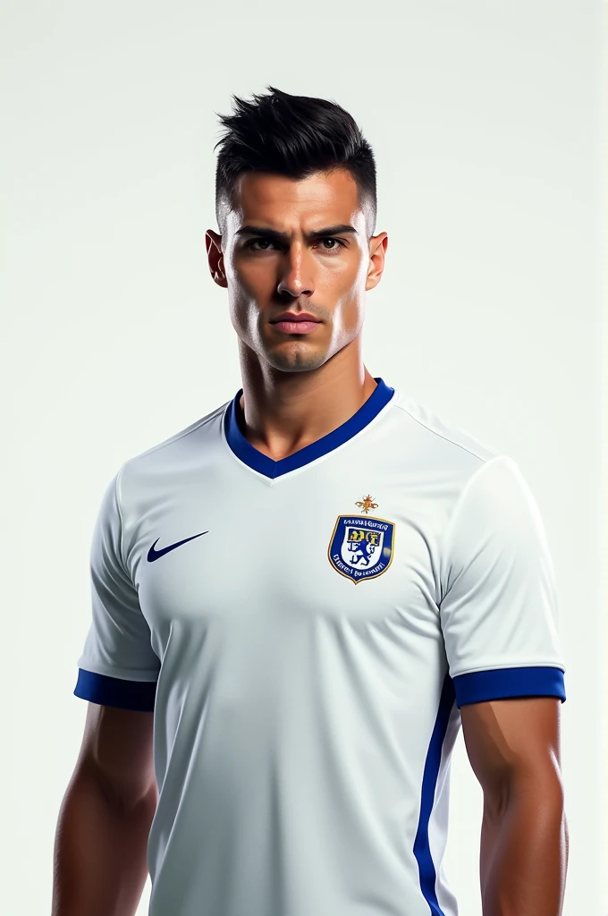 Prompt: "Create an image of an athletic male soccer player with short, dark hair and a focused expression. He is wearing a white soccer jersey with blue accents, featuring a team logo on the chest. The background is plain, and his posture is upright and co...