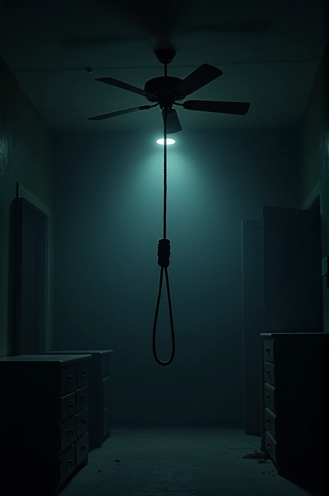 There is a rope tied to the fan and it is night time, no human and old room 