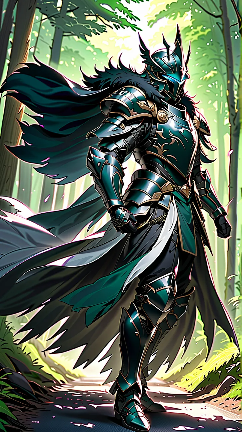 man,  fairy slayer , holy knight,wears heavy armor( blue black green ),helmet,karate,,fur collar , black fur cape (floating ),  ...