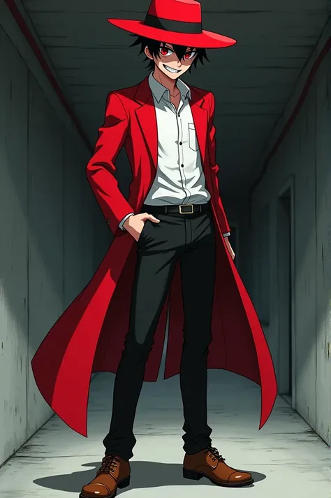 Anime guy with red hat, red suit, black tight pants, brown shoe, white shirt, has a creepy smile,