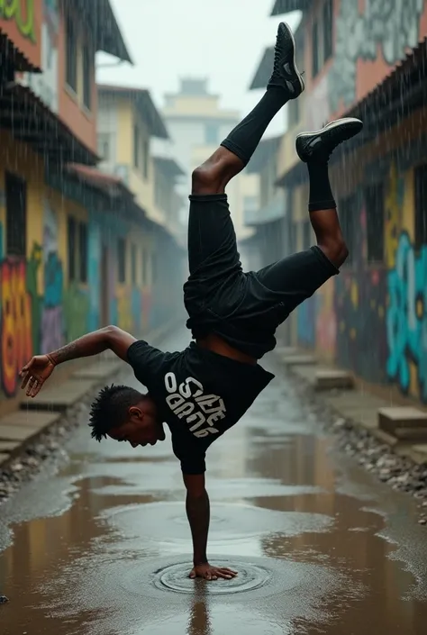 Dancer dancing Breaking with the shirt written by Cia Arte dances with the favela in the back raining and graffiti coming out behind him 
