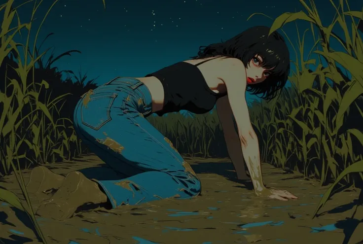 woman, top and skinny flared levis muddy jeans ,drowning in mud bog, green brown reeds, duckweed, night, stars sky, red lips, kinky kneeling, bang-cut, close-up, side view, surreal, hidden camera aesthetics