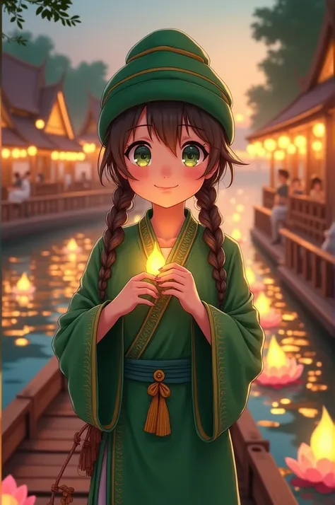 Create an image, maximum contrast ,realistically, Cute Japanese girl aged 12 ,Long brown hair braided in two sides , Sweet smile ,Green eyes, wearing an emerald green beanie dress, holding a trong made of fig leaves, folding petals alternately like lotus f...