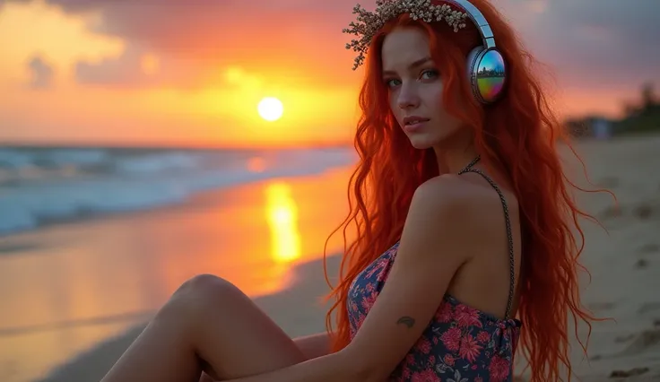 hippie girl big breast, redheadwear, reflective, sitting on the beach, at dusk, looking at the sunset, with rainbow headphones