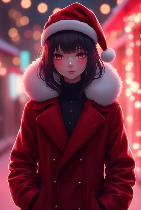 Breed an anime girl, she wears a red overcoat with a fluffy collar white color, she wears a red Christmas hat, she has a sexy and well-made body. Image in Christmas mood, colors red and violet. Background and image in realistic and futuristic cyberpunk the...