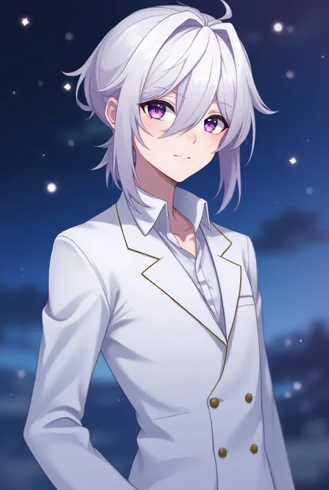 Man with shoulder-length white hair tied up with purple eyes pink wearing white school uniform anime with stars in his eyes