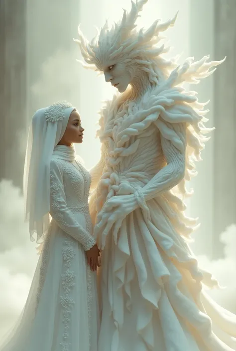 A muslim girl standing next to a monsters in a wedding dress