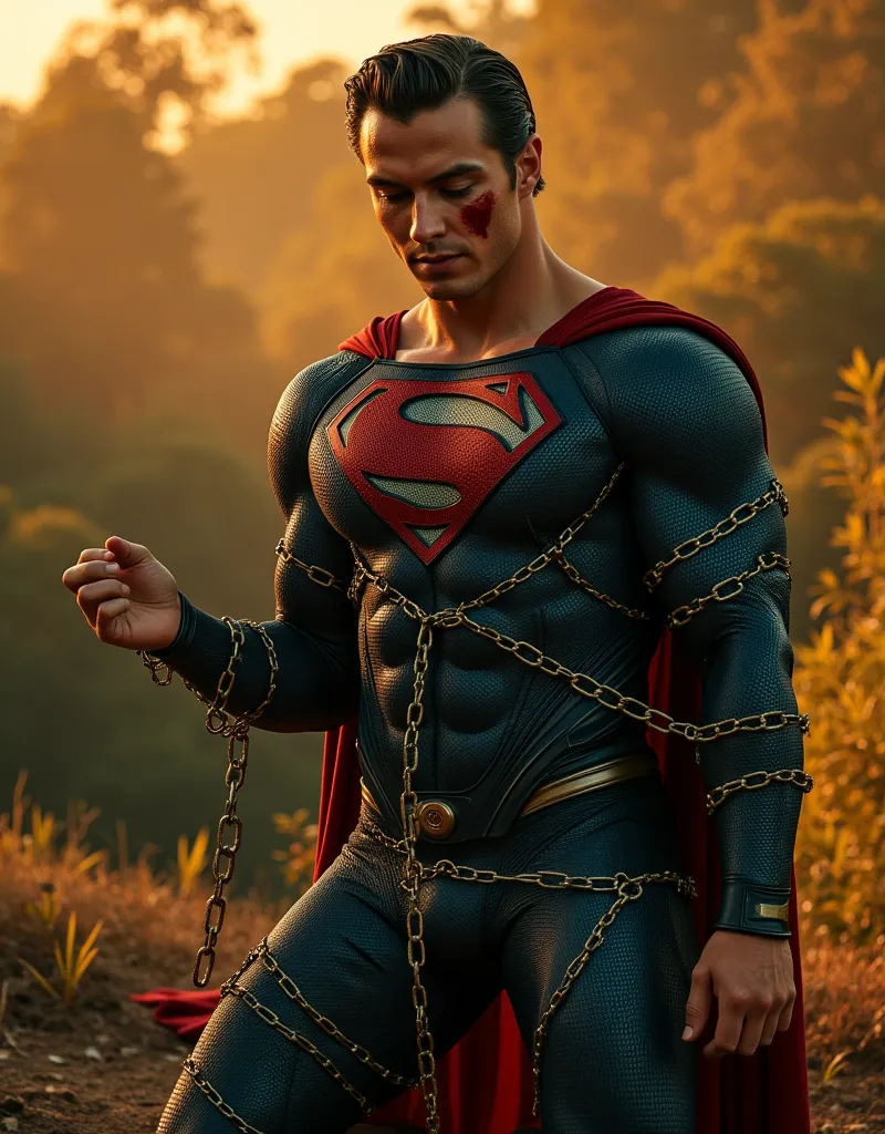 (nicholas alexander chavez in a superman suit:1.8), (superman suit torn:1.8), ripped, man in tight superman suit, one eye closed...