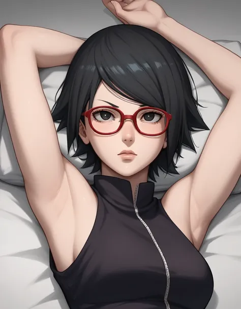 (sarada uchiha, short hair, black hair, black eyes, red-framed eyewear, glasses, swept bangs,(Armpit:1.3)，(スチーム，スチームimg:1.1)， 赤いドレス,