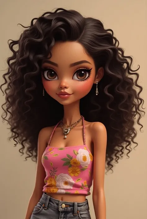 Create a bratz avatar style with white skin and very curly dark brown hair and long brown eyes 