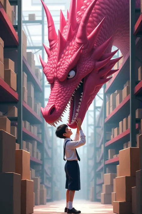 Create an image of a boy in school uniform and kept a pink big dragon in his hands and the background of the image is store or godown 