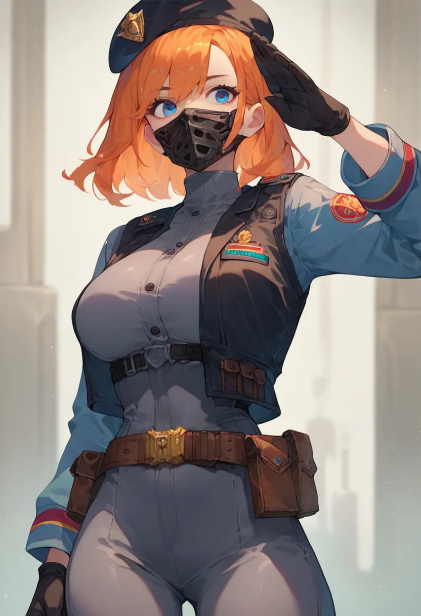 score_9, score_8_up, score_7_up, score_6_up, source_anime, 1girl, solo, pmpgrunt, orange hair, medium hair, blue eyes, black beret, mouth mask, black vest, grey bodysuit, belt, black gloves, large breasts, standing,salute,cowboy shot, laboratory