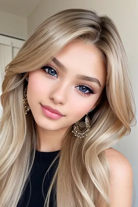 beautiful girl, brown_eyes, ((beautiful slim teenage girl 18 year old, long blond hair [long blond hair], [long blond] hair)), earrings, lips, realistic, narrow waist, charming, pink lipstick, colorful makeup, long eyelashes, earrings, wearing eyeliner, fa...