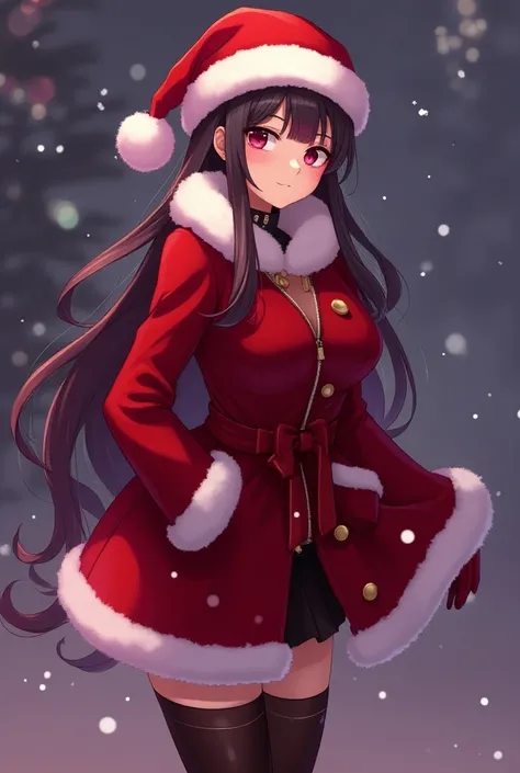 Breed an anime girl, she wears a red overcoat with a fluffy collar white color, she wears a red Christmas hat, she has a sexy and well-made body. Image in Christmas mood, colors red and violet. Background and image in realistic and futuristic cyberpunk the...