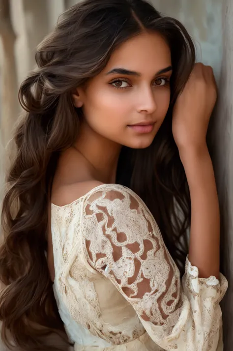 Create a digital portrait of a fair-skinned, skinny, petite Indian girl. Her face is soft and delicate with an oval shape and a youthful charm. Her complexion is clear and light, with a warm, natural glow. She has expressive, almond-shaped brown eyes, fram...