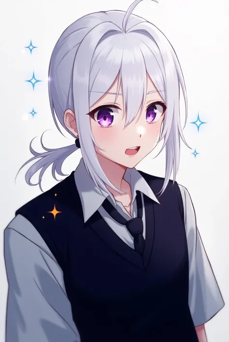 Man with shoulder-length white hair tied up with purple eyes pink wearing black school dress, anime with stars in his eyes