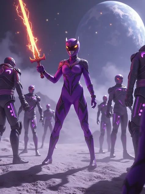 Beautiful female purple power ranger holding a flaming sword, standing on the moon and surrounded by kelzaks, high detail, cinematic style