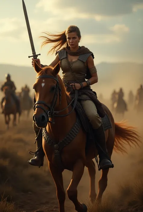 Female warrior riding a horse in war 