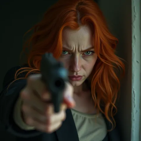 A hyper-realistic close-up of a ginger-haired person standing in a room, holding a gun in their hand. The individual has striking, natural red hair that appears vivid and detailed, with each strand carefully crafted to resemble real hair. Their skin tone i...