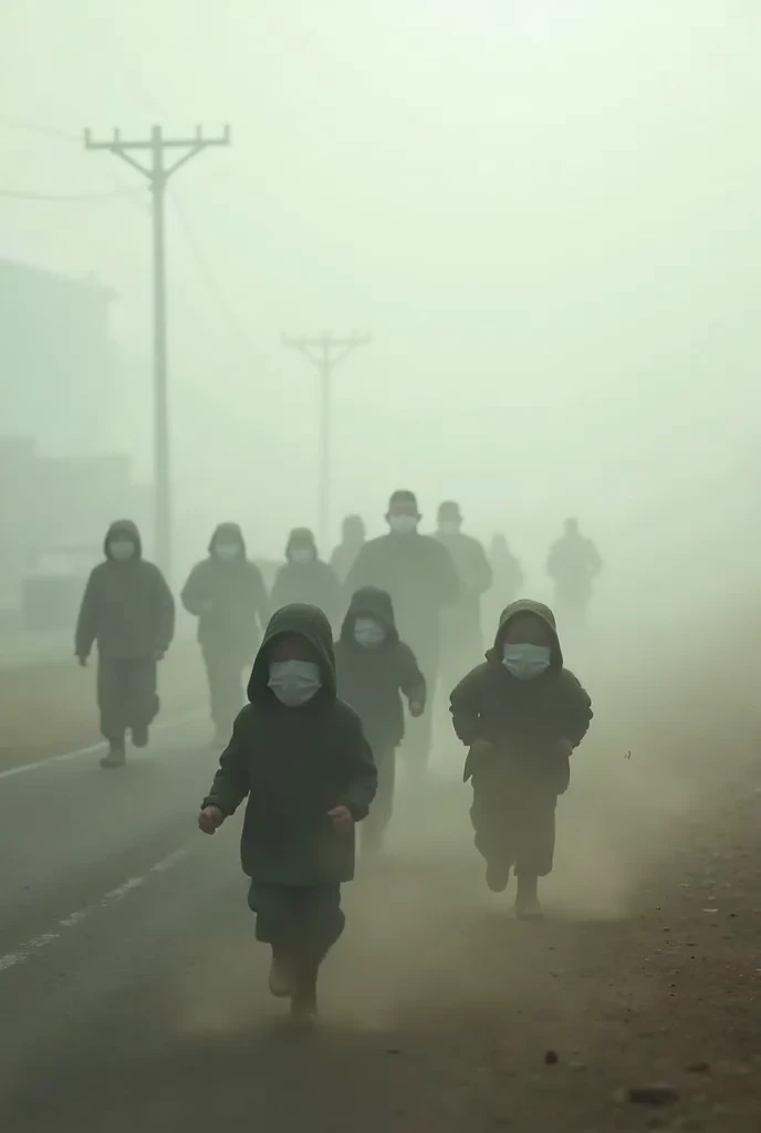 Make image Small ren are running on the road wearing masks and young men are walking along with them and the environment there is very foggy and winds are blowing and dust is rising.