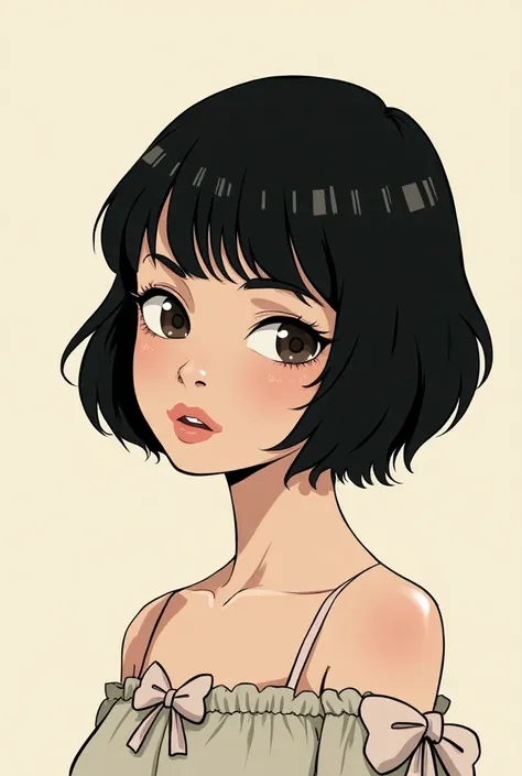 A women with short black bob hair, alone without sad, looking at someone while sadly smile in comic usando moños 